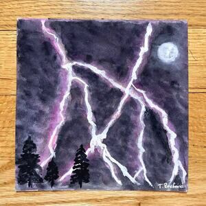 Hand painted watercolor original painting lightning trees night